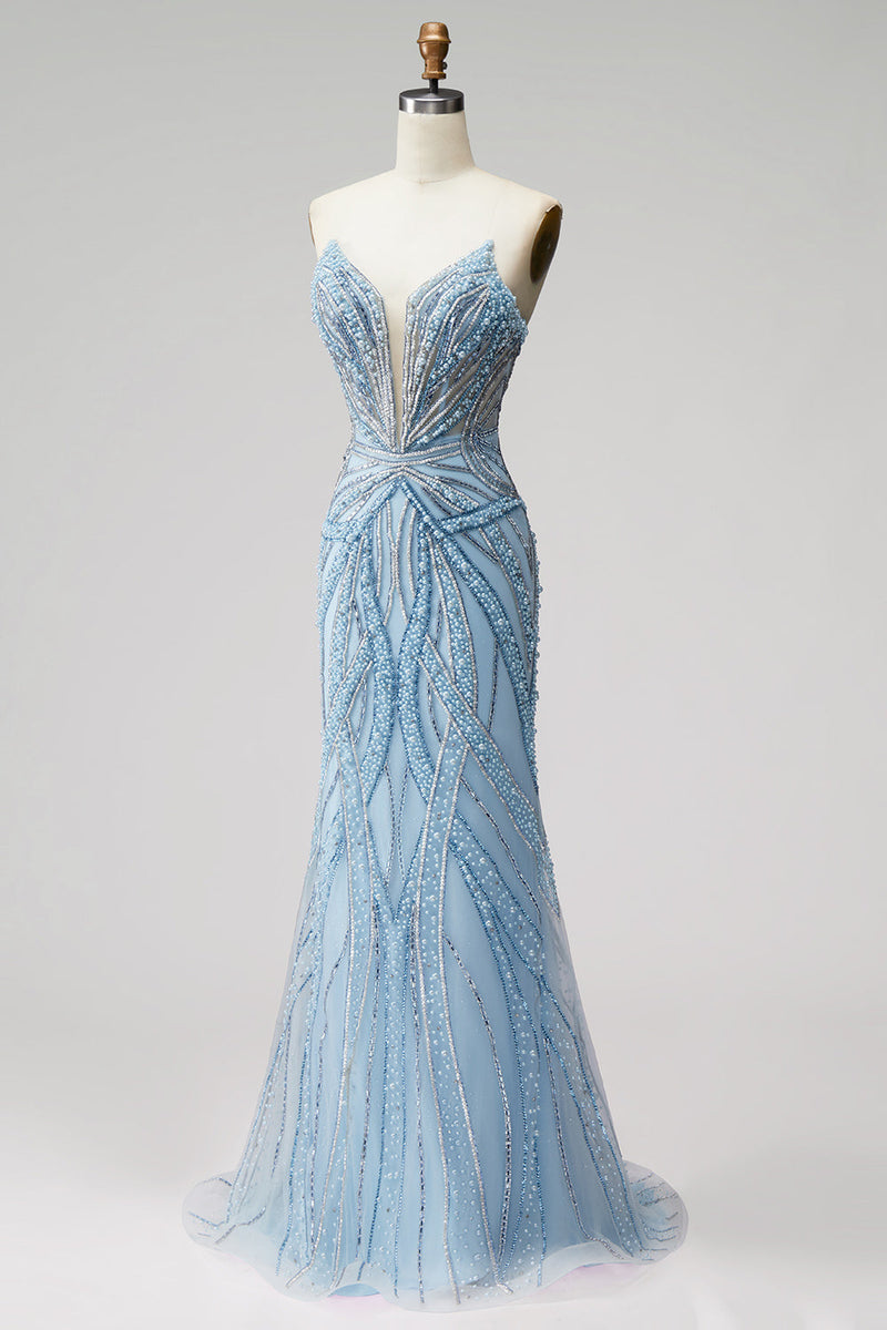 Laden Sie das Bild in den Galerie-Viewer, Hellblaues Perlenträger-Meerjungfrauen-Abschlussballkleid mit Perlen