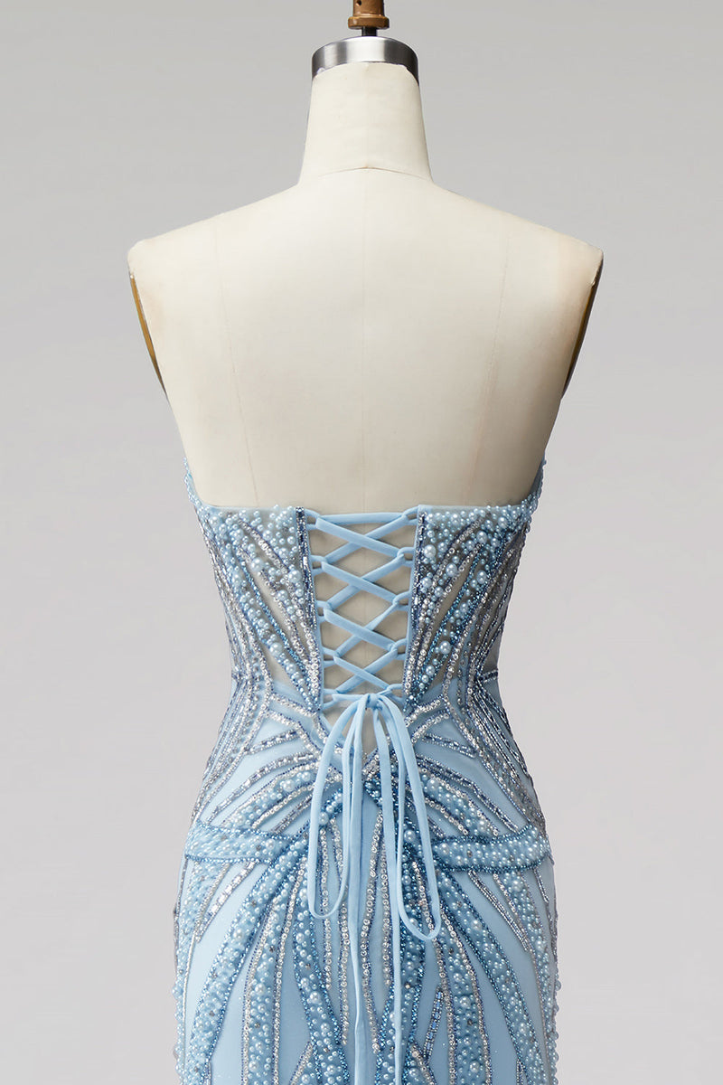 Laden Sie das Bild in den Galerie-Viewer, Hellblaues Perlenträger-Meerjungfrauen-Abschlussballkleid mit Perlen