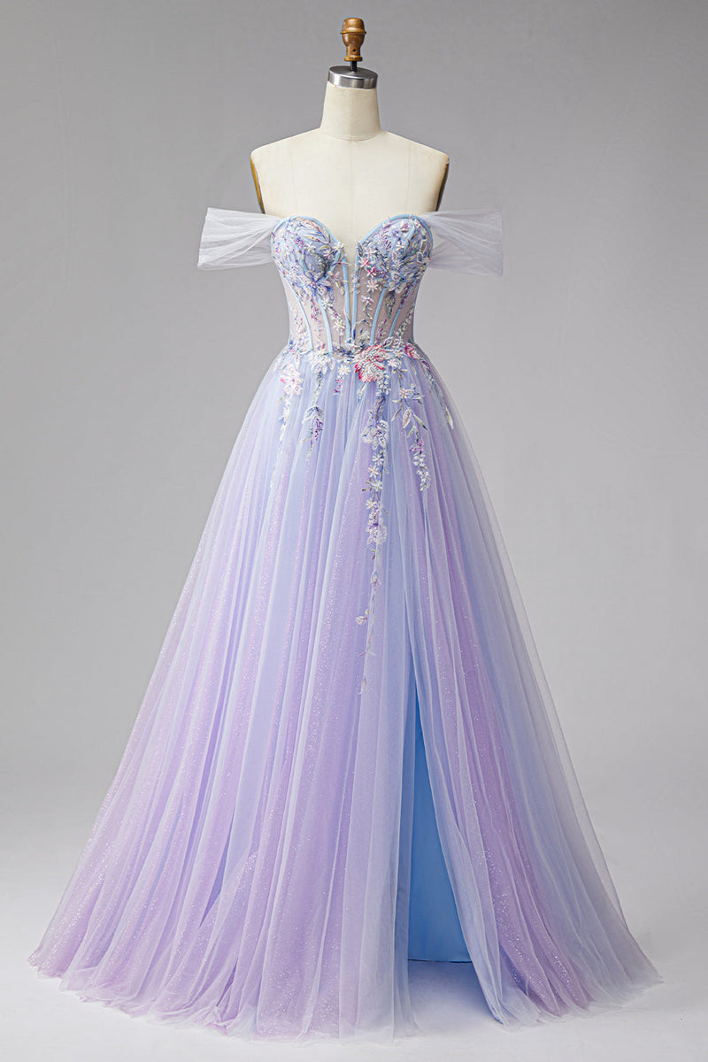 Laden Sie das Bild in den Galerie-Viewer, Glitzerndes Schulterloses Flieder Korsett Perlen Tüll Langes Abschlussballkleid mit Schlitz