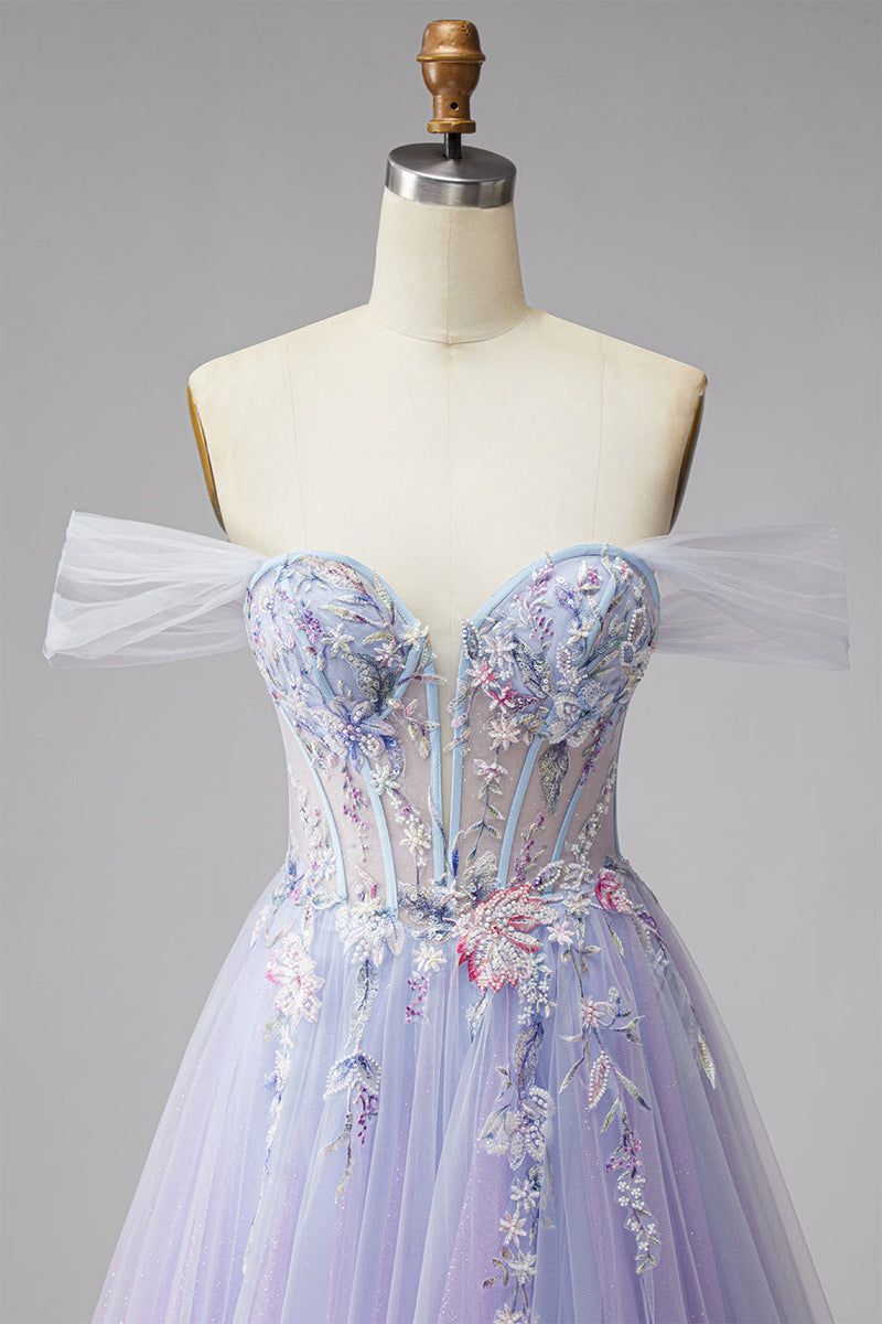 Laden Sie das Bild in den Galerie-Viewer, Glitzerndes Schulterloses Flieder Korsett Perlen Tüll Langes Abschlussballkleid mit Schlitz