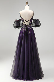 Dunkelviolettes Strass Applikationen A-Linie Glitzer Langes Ballkleid mit Puffärmeln