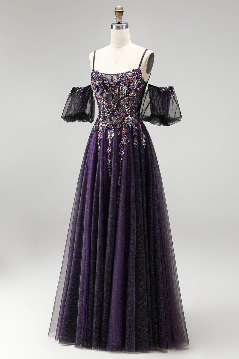 Laden Sie das Bild in den Galerie-Viewer, Dunkelviolettes Strass Applikationen A-Linie Glitzer Langes Ballkleid mit Puffärmeln