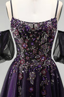 Laden Sie das Bild in den Galerie-Viewer, Dunkelviolettes Strass Applikationen A-Linie Glitzer Langes Ballkleid mit Puffärmeln