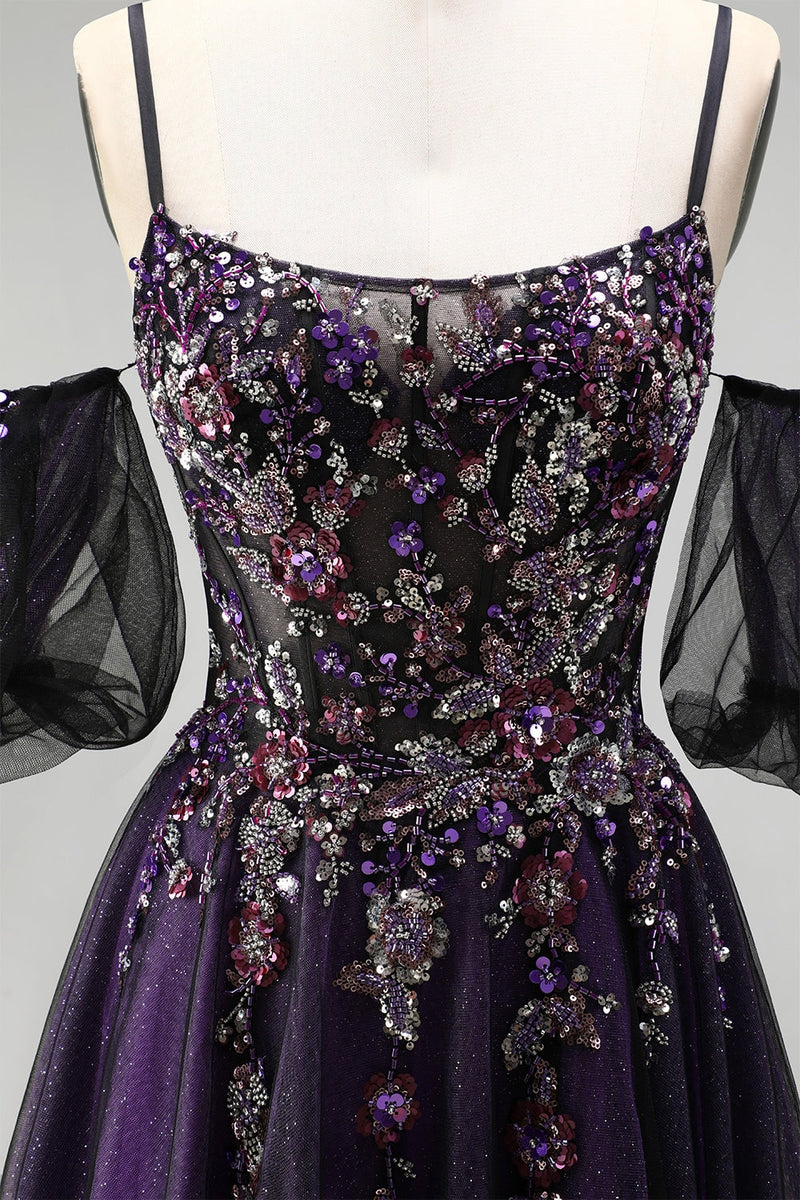Laden Sie das Bild in den Galerie-Viewer, Dunkelviolettes Strass Applikationen A-Linie Glitzer Langes Ballkleid mit Puffärmeln