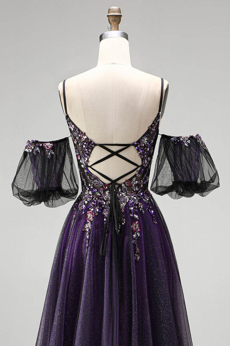 Laden Sie das Bild in den Galerie-Viewer, Dunkelviolettes Strass Applikationen A-Linie Glitzer Langes Ballkleid mit Puffärmeln