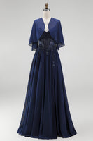 Laden Sie das Bild in den Galerie-Viewer, Marineblaues Korsett Chiffon A-Linie Spaghettiträger Langes Mutter der Braut Kleid mit Umhang