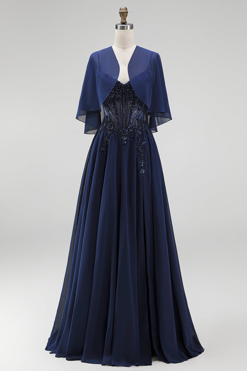 Laden Sie das Bild in den Galerie-Viewer, Marineblaues Korsett Chiffon A-Linie Spaghettiträger Langes Mutter der Braut Kleid mit Umhang