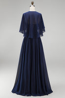Laden Sie das Bild in den Galerie-Viewer, Marineblaues Korsett Chiffon A-Linie Spaghettiträger Langes Mutter der Braut Kleid mit Umhang