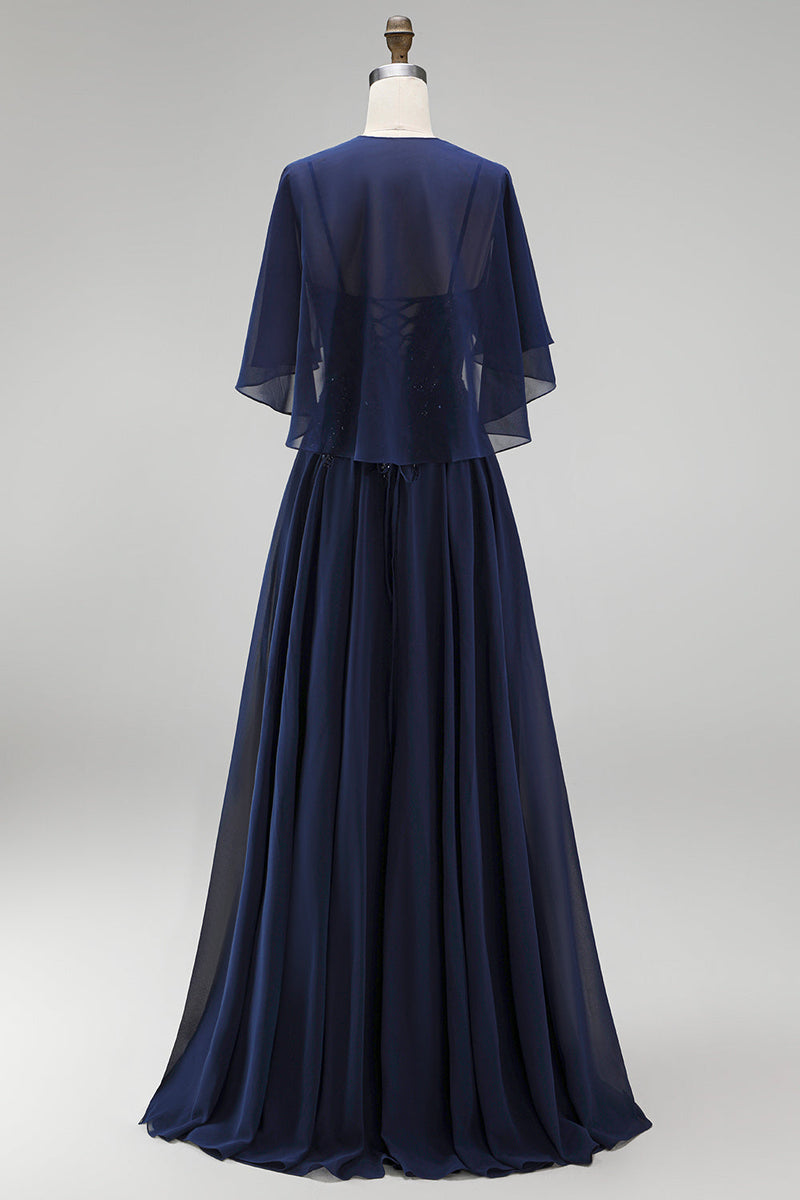 Laden Sie das Bild in den Galerie-Viewer, Marineblaues Korsett Chiffon A-Linie Spaghettiträger Langes Mutter der Braut Kleid mit Umhang