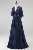 Laden Sie das Bild in den Galerie-Viewer, Marineblaues Korsett Chiffon A-Linie Spaghettiträger Langes Mutter der Braut Kleid mit Umhang