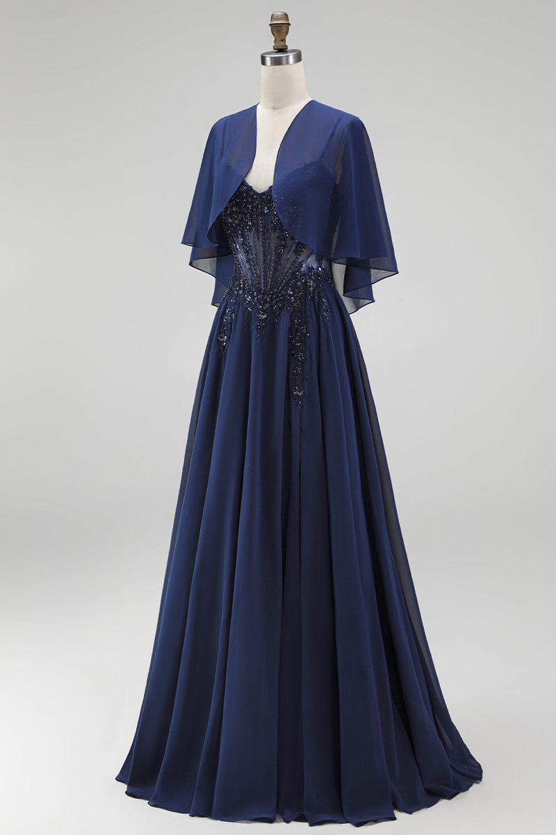Laden Sie das Bild in den Galerie-Viewer, Marineblaues Korsett Chiffon A-Linie Spaghettiträger Langes Mutter der Braut Kleid mit Umhang