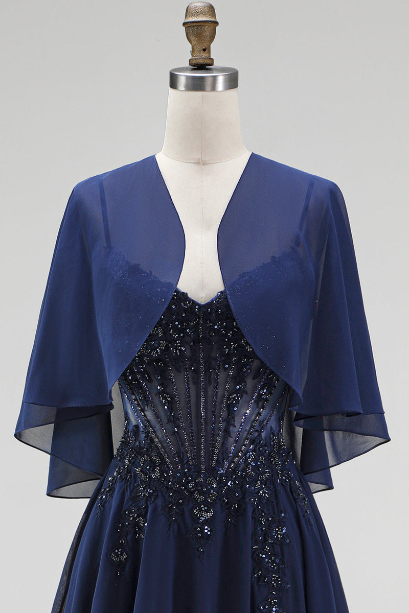 Laden Sie das Bild in den Galerie-Viewer, Marineblaues Korsett Chiffon A-Linie Spaghettiträger Langes Mutter der Braut Kleid mit Umhang