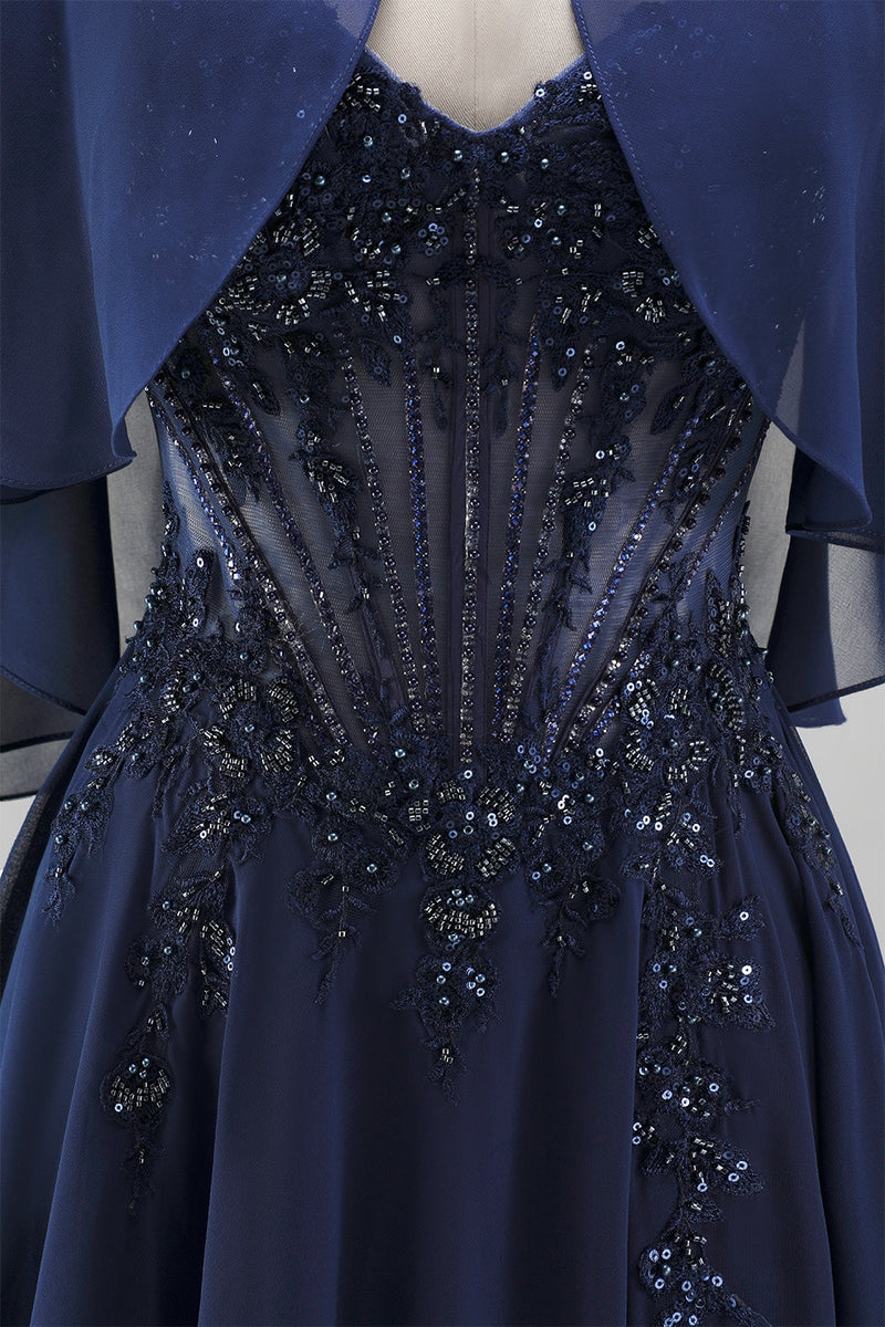 Laden Sie das Bild in den Galerie-Viewer, Marineblaues Korsett Chiffon A-Linie Spaghettiträger Langes Mutter der Braut Kleid mit Umhang