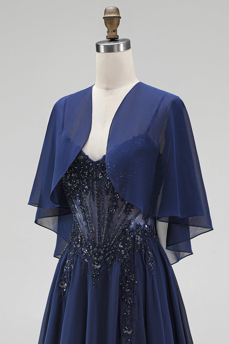 Laden Sie das Bild in den Galerie-Viewer, Marineblaues Korsett Chiffon A-Linie Spaghettiträger Langes Mutter der Braut Kleid mit Umhang