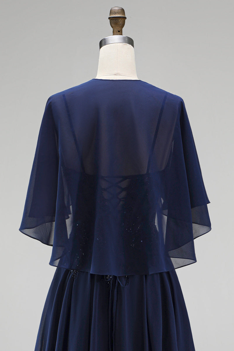 Laden Sie das Bild in den Galerie-Viewer, Marineblaues Korsett Chiffon A-Linie Spaghettiträger Langes Mutter der Braut Kleid mit Umhang