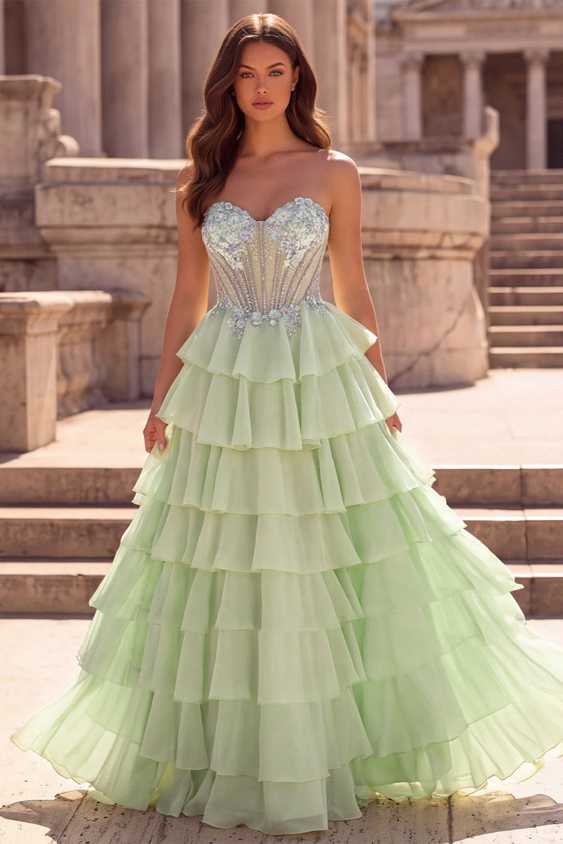 Laden Sie das Bild in den Galerie-Viewer, Gestuftes Gerüschendes Hellgrünes Chiffon A-Linie 3D-Appliques Korsett Rhinestone Langes Abschlussballkleid