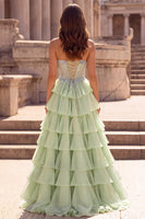 Laden Sie das Bild in den Galerie-Viewer, Gestuftes Gerüschendes Hellgrünes Chiffon A-Linie 3D-Appliques Korsett Rhinestone Langes Abschlussballkleid
