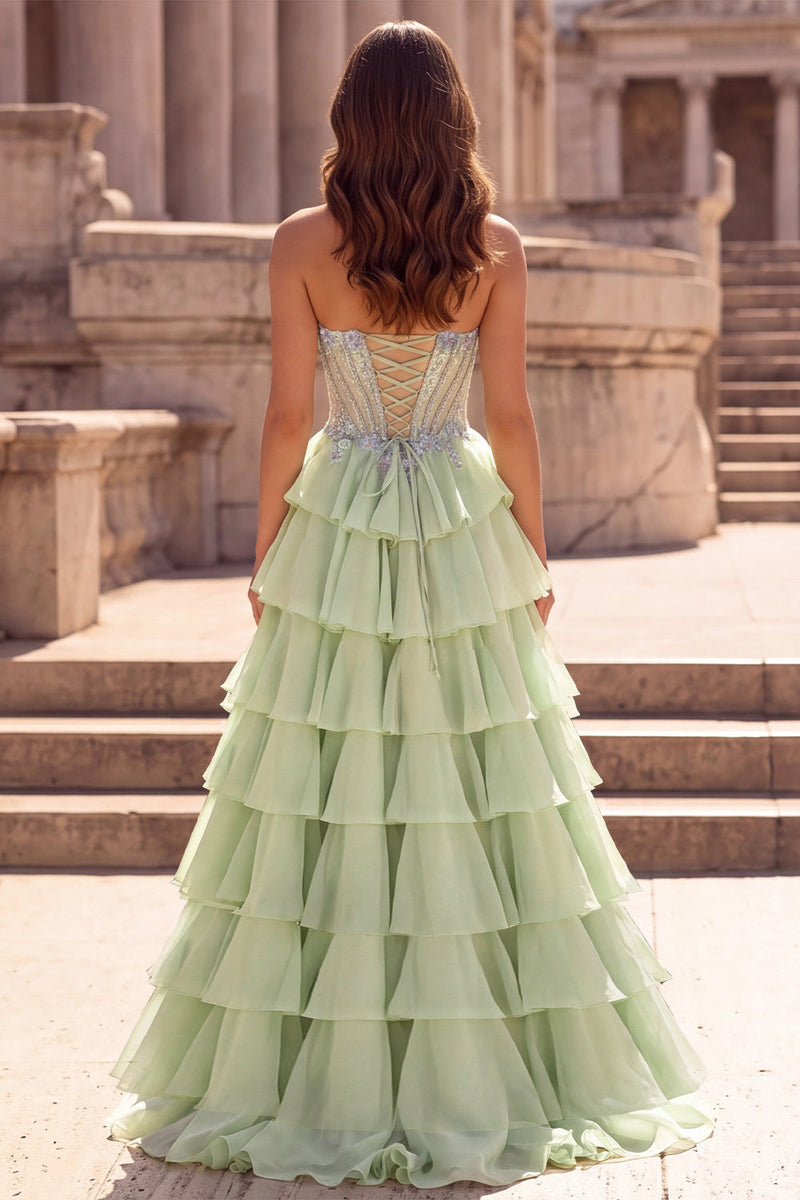 Laden Sie das Bild in den Galerie-Viewer, Gestuftes Gerüschendes Hellgrünes Chiffon A-Linie 3D-Appliques Korsett Rhinestone Langes Abschlussballkleid