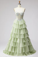 Laden Sie das Bild in den Galerie-Viewer, Gestuftes Gerüschendes Hellgrünes Chiffon A-Linie 3D-Appliques Korsett Rhinestone Langes Abschlussballkleid