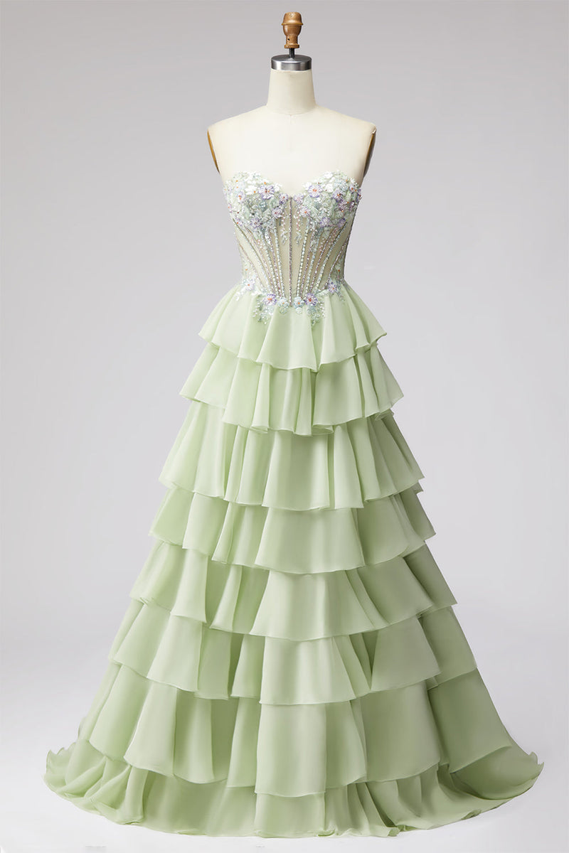 Laden Sie das Bild in den Galerie-Viewer, Gestuftes Gerüschendes Hellgrünes Chiffon A-Linie 3D-Appliques Korsett Rhinestone Langes Abschlussballkleid