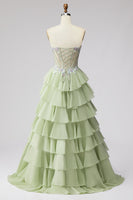 Laden Sie das Bild in den Galerie-Viewer, Gestuftes Gerüschendes Hellgrünes Chiffon A-Linie 3D-Appliques Korsett Rhinestone Langes Abschlussballkleid