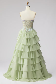 Gestuftes Gerüschendes Hellgrünes Chiffon A-Linie 3D-Appliques Korsett Rhinestone Langes Abschlussballkleid