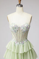 Laden Sie das Bild in den Galerie-Viewer, Gestuftes Gerüschendes Hellgrünes Chiffon A-Linie 3D-Appliques Korsett Rhinestone Langes Abschlussballkleid