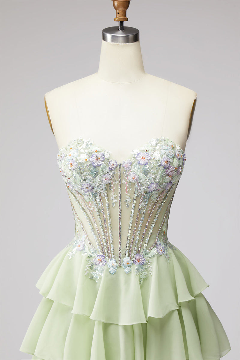 Laden Sie das Bild in den Galerie-Viewer, Gestuftes Gerüschendes Hellgrünes Chiffon A-Linie 3D-Appliques Korsett Rhinestone Langes Abschlussballkleid