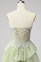 Laden Sie das Bild in den Galerie-Viewer, Gestuftes Gerüschendes Hellgrünes Chiffon A-Linie 3D-Appliques Korsett Rhinestone Langes Abschlussballkleid