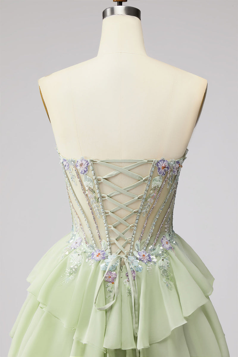 Laden Sie das Bild in den Galerie-Viewer, Gestuftes Gerüschendes Hellgrünes Chiffon A-Linie 3D-Appliques Korsett Rhinestone Langes Abschlussballkleid