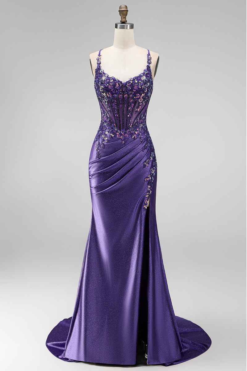 Laden Sie das Bild in den Galerie-Viewer, Glitzerndes Meerjungfrauen-Korsett, gerafftes Satin, langes lila Abschlussballkleid mit Schlitz