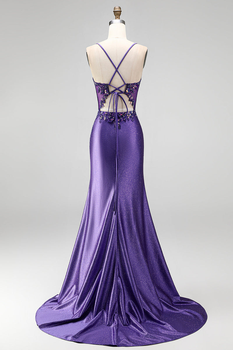 Laden Sie das Bild in den Galerie-Viewer, Glitzerndes Meerjungfrauen-Korsett, gerafftes Satin, langes lila Abschlussballkleid mit Schlitz