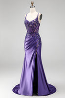 Laden Sie das Bild in den Galerie-Viewer, Glitzerndes Meerjungfrauen-Korsett, gerafftes Satin, langes lila Abschlussballkleid mit Schlitz