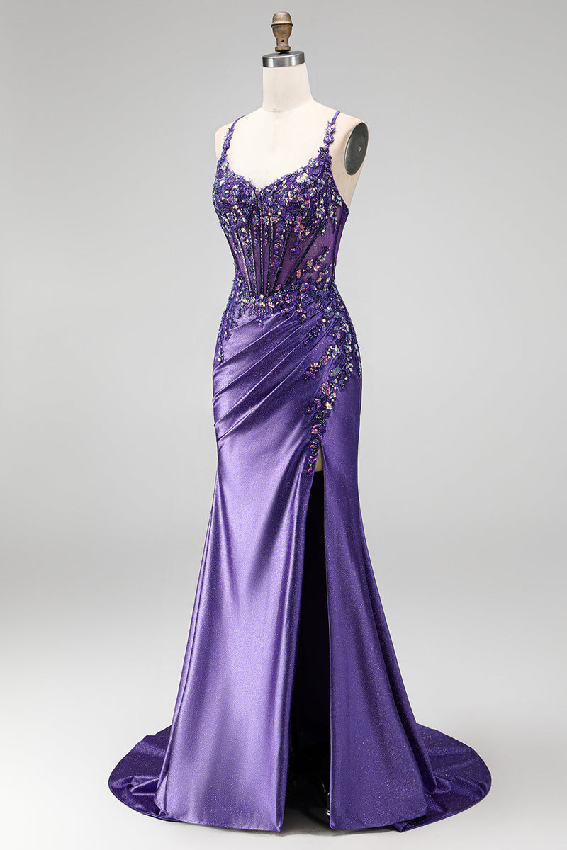 Laden Sie das Bild in den Galerie-Viewer, Glitzerndes Meerjungfrauen-Korsett, gerafftes Satin, langes lila Abschlussballkleid mit Schlitz