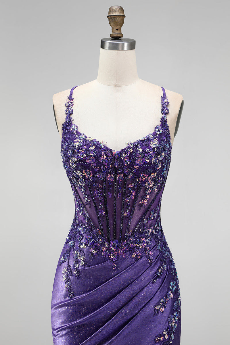 Laden Sie das Bild in den Galerie-Viewer, Glitzerndes Meerjungfrauen-Korsett, gerafftes Satin, langes lila Abschlussballkleid mit Schlitz