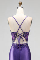 Laden Sie das Bild in den Galerie-Viewer, Glitzerndes Meerjungfrauen-Korsett, gerafftes Satin, langes lila Abschlussballkleid mit Schlitz