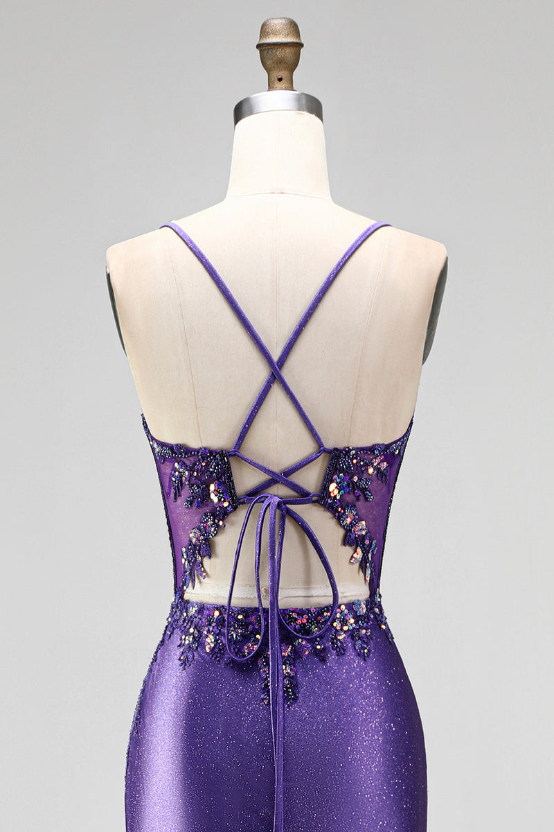 Laden Sie das Bild in den Galerie-Viewer, Glitzerndes Meerjungfrauen-Korsett, gerafftes Satin, langes lila Abschlussballkleid mit Schlitz
