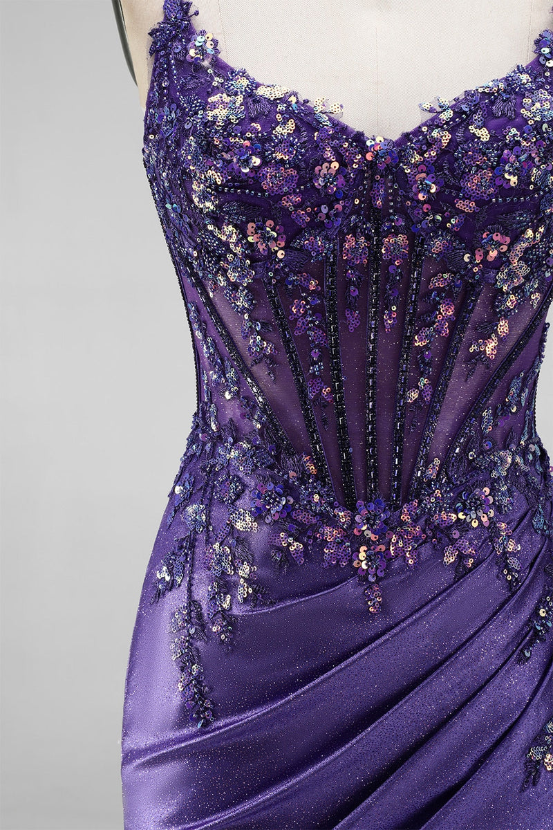 Laden Sie das Bild in den Galerie-Viewer, Glitzerndes Meerjungfrauen-Korsett, gerafftes Satin, langes lila Abschlussballkleid mit Schlitz
