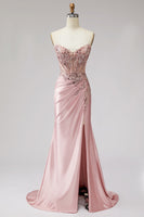 Laden Sie das Bild in den Galerie-Viewer, Rosa Korsett Transparentes Meerjungfrauen Pailletten Gerafftes Satin Langes Ballkleid mit Schlitz