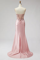Laden Sie das Bild in den Galerie-Viewer, Rosa Korsett Transparentes Meerjungfrauen Pailletten Gerafftes Satin Langes Ballkleid mit Schlitz