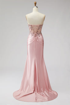 Rosa Korsett Transparentes Meerjungfrauen Pailletten Gerafftes Satin Langes Ballkleid mit Schlitz