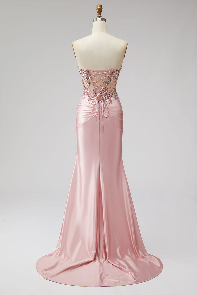 Laden Sie das Bild in den Galerie-Viewer, Rosa Korsett Transparentes Meerjungfrauen Pailletten Gerafftes Satin Langes Ballkleid mit Schlitz