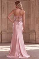 Laden Sie das Bild in den Galerie-Viewer, Rosa Korsett Transparentes Meerjungfrauen Pailletten Gerafftes Satin Langes Ballkleid mit Schlitz