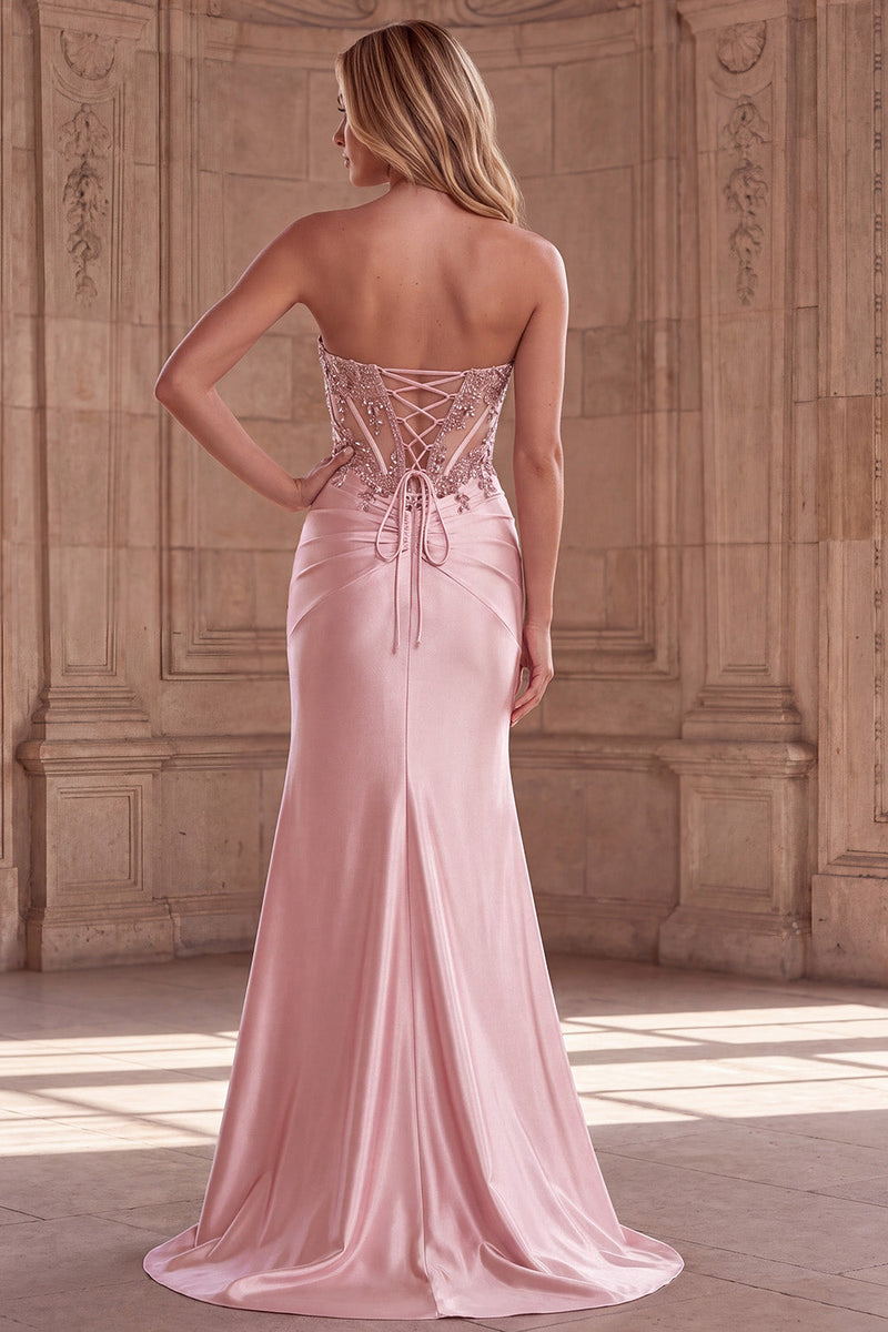 Laden Sie das Bild in den Galerie-Viewer, Rosa Korsett Transparentes Meerjungfrauen Pailletten Gerafftes Satin Langes Ballkleid mit Schlitz
