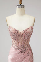 Laden Sie das Bild in den Galerie-Viewer, Rosa Korsett Transparentes Meerjungfrauen Pailletten Gerafftes Satin Langes Ballkleid mit Schlitz