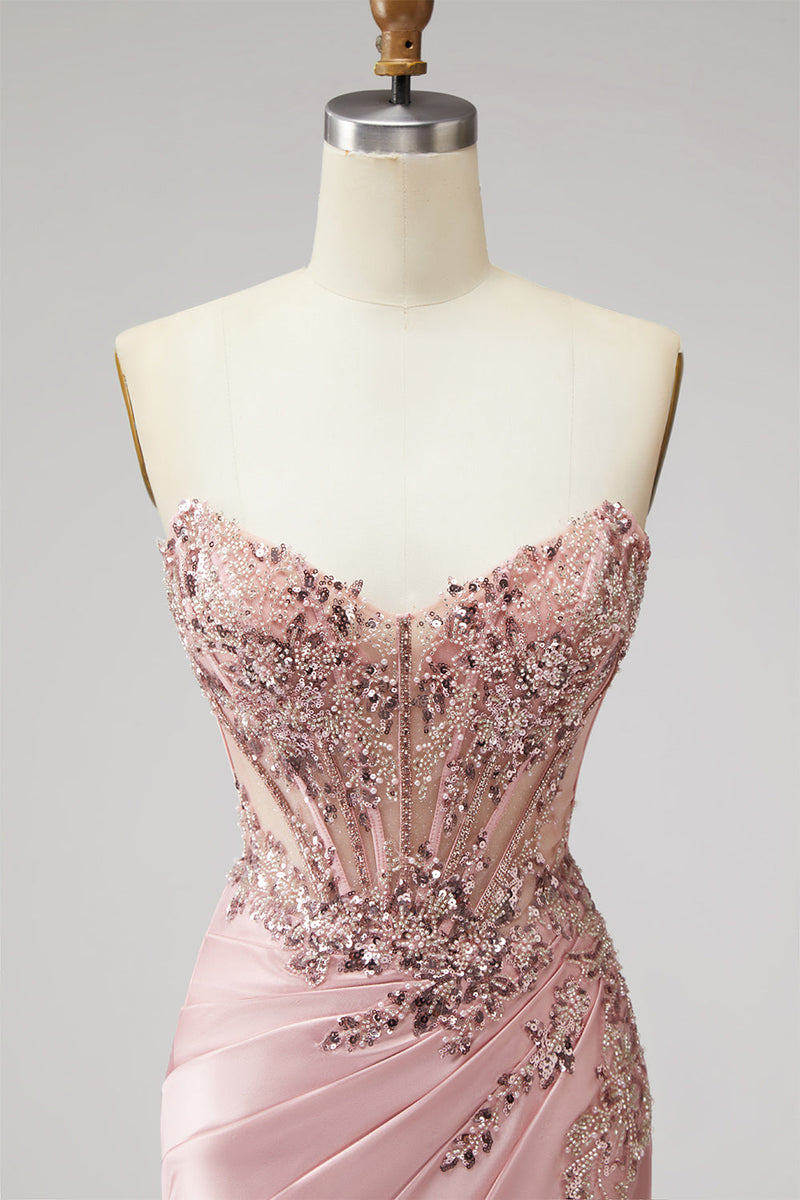 Laden Sie das Bild in den Galerie-Viewer, Rosa Korsett Transparentes Meerjungfrauen Pailletten Gerafftes Satin Langes Ballkleid mit Schlitz