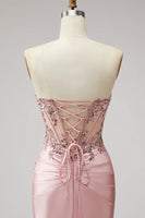 Laden Sie das Bild in den Galerie-Viewer, Rosa Korsett Transparentes Meerjungfrauen Pailletten Gerafftes Satin Langes Ballkleid mit Schlitz