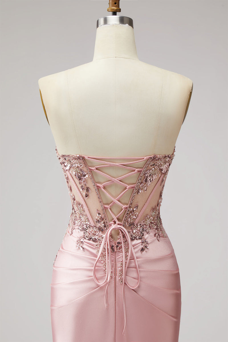 Laden Sie das Bild in den Galerie-Viewer, Rosa Korsett Transparentes Meerjungfrauen Pailletten Gerafftes Satin Langes Ballkleid mit Schlitz