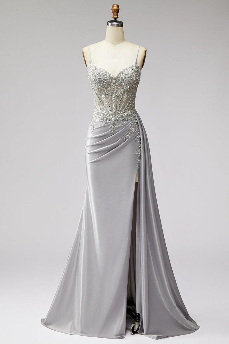 Laden Sie das Bild in den Galerie-Viewer, Hellgraues Korsett, Satinperlen, Strasssteine, Meerjungfrauen-Abschlussballkleid mit Drapieren,