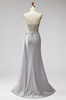Hellgraues Korsett, Satinperlen, Strasssteine, Meerjungfrauen-Abschlussballkleid mit Drapieren,